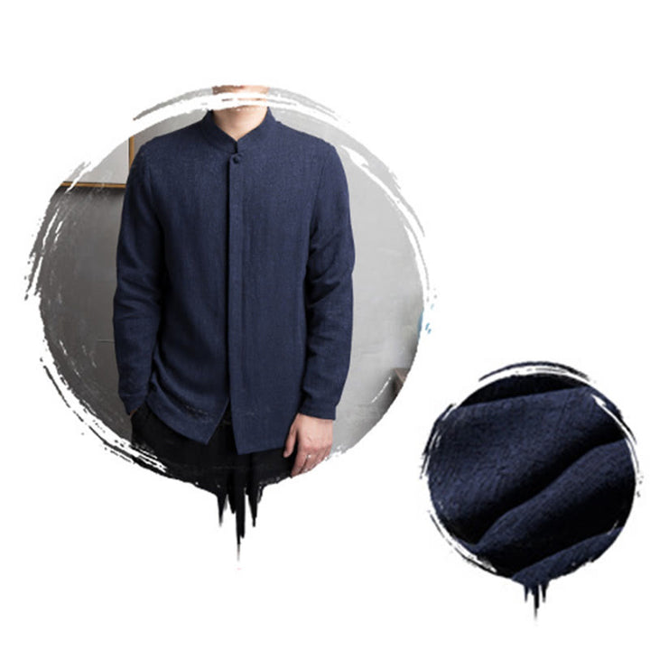 Chaqueta de lino y algodón con traje chino de color liso con Buddha Stones para hombre - image 17