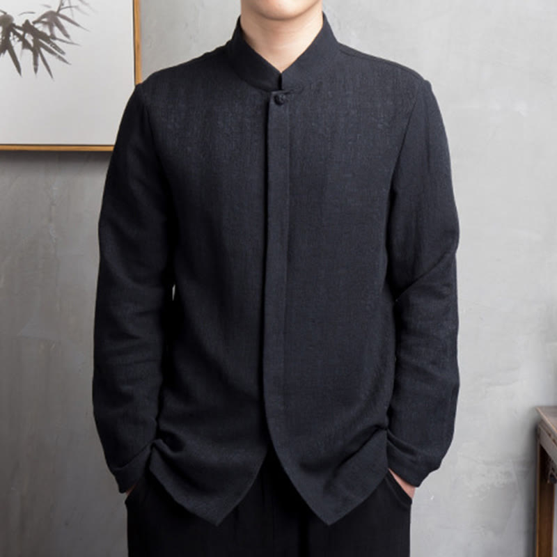 Chaqueta de lino y algodón con traje chino de color liso con Buddha Stones para hombre - Negro - US/UK/AU42, UE52 (4XL) - image 7