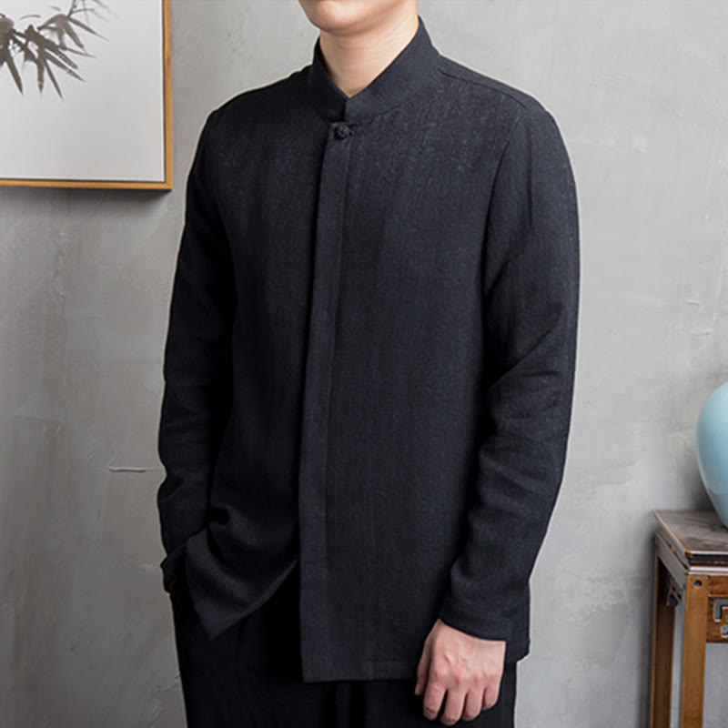 Chaqueta de lino y algodón con traje chino de color liso con Buddha Stones para hombre - image 11