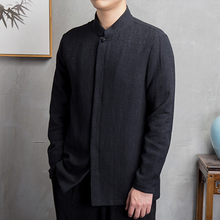Chaqueta de lino y algodón con traje chino de color liso con Buddha Stones para hombre - image 11