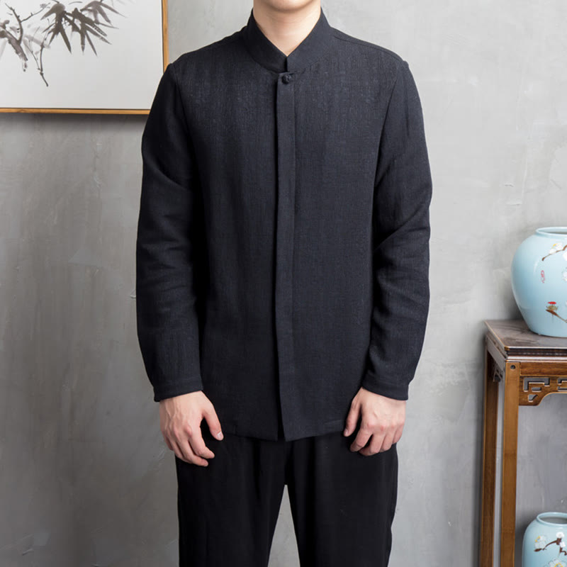 Chaqueta de lino y algodón con traje chino de color liso con Buddha Stones para hombre - image 10