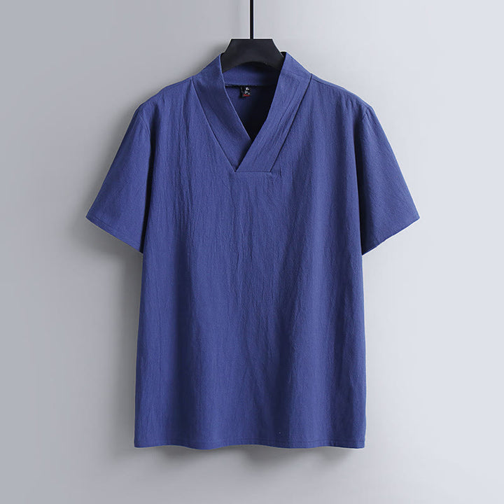 Camiseta de manga corta con cuello en V, transpirable, de algodón y lino, con estampado de Buddha Stones. - Azul real - US/UK/AU54, EU64 (9XL) - image 3