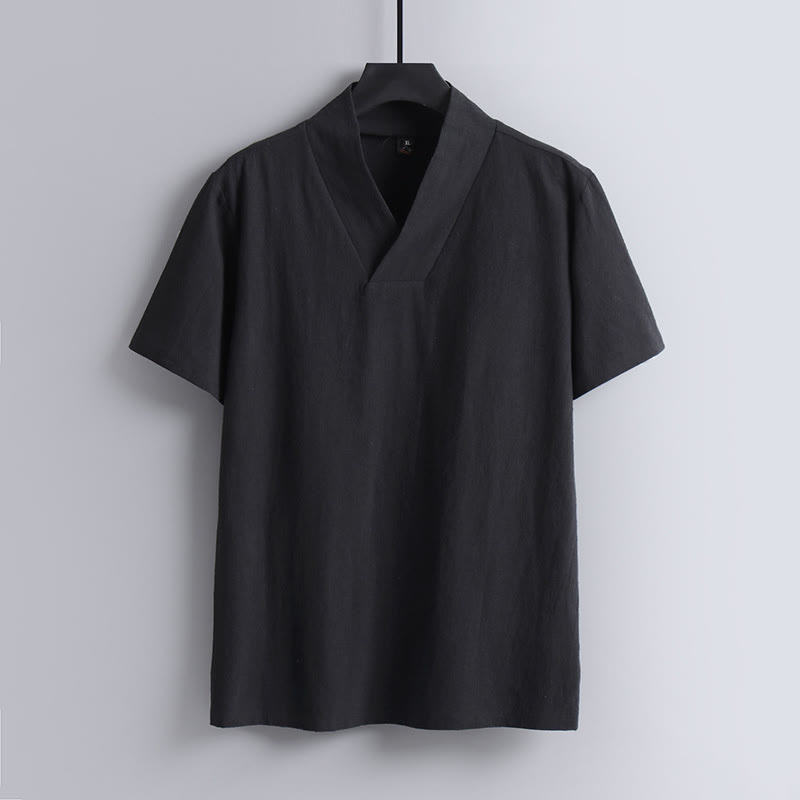 Camiseta de manga corta con cuello en V, transpirable, de algodón y lino, con estampado de Buddha Stones. - Negro - US/UK/AU54, EU64 (9XL) - image 2