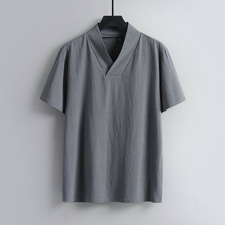 Camiseta de manga corta con cuello en V, transpirable, de algodón y lino, con estampado de Buddha Stones. - Gris - US/UK/AU54, EU64 (9XL) - image 0