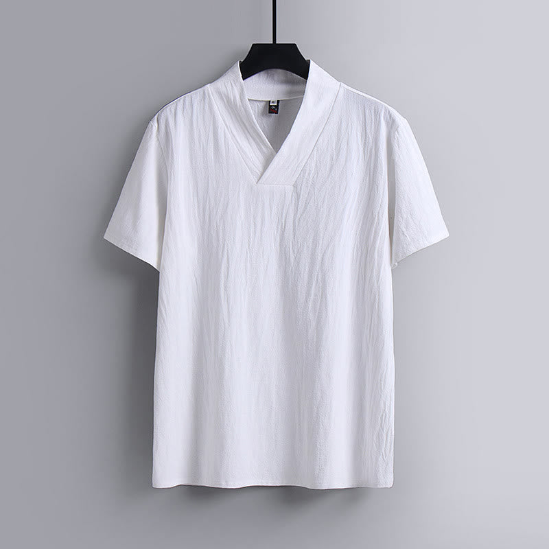 Camiseta de manga corta con cuello en V, transpirable, de algodón y lino, con estampado de Buddha Stones. - Blanco - US/UK/AU54, EU64 (9XL) - image 1