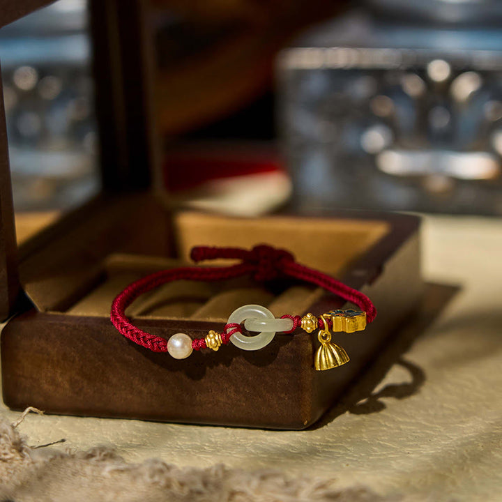 Pulsera de la fortuna con cuerda trenzada y hebilla de paz de loto de jade hetiano y Buddha Stones