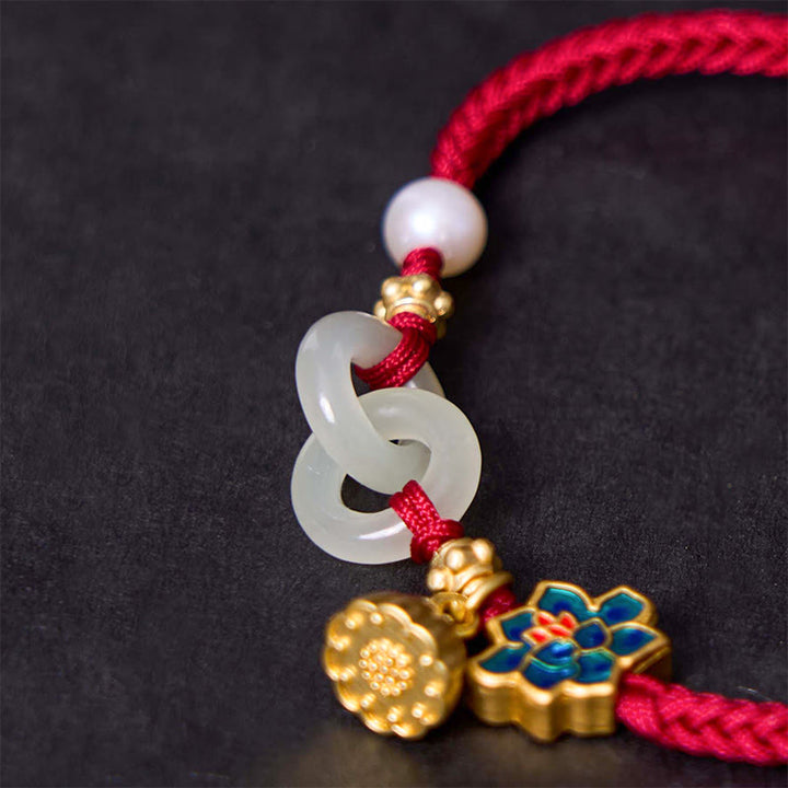 Pulsera de la fortuna con cuerda trenzada y hebilla de paz de loto de jade hetiano y Buddha Stones