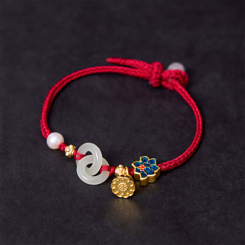 Pulsera de la fortuna con cuerda trenzada y hebilla de paz de loto de jade hetiano y Buddha Stones