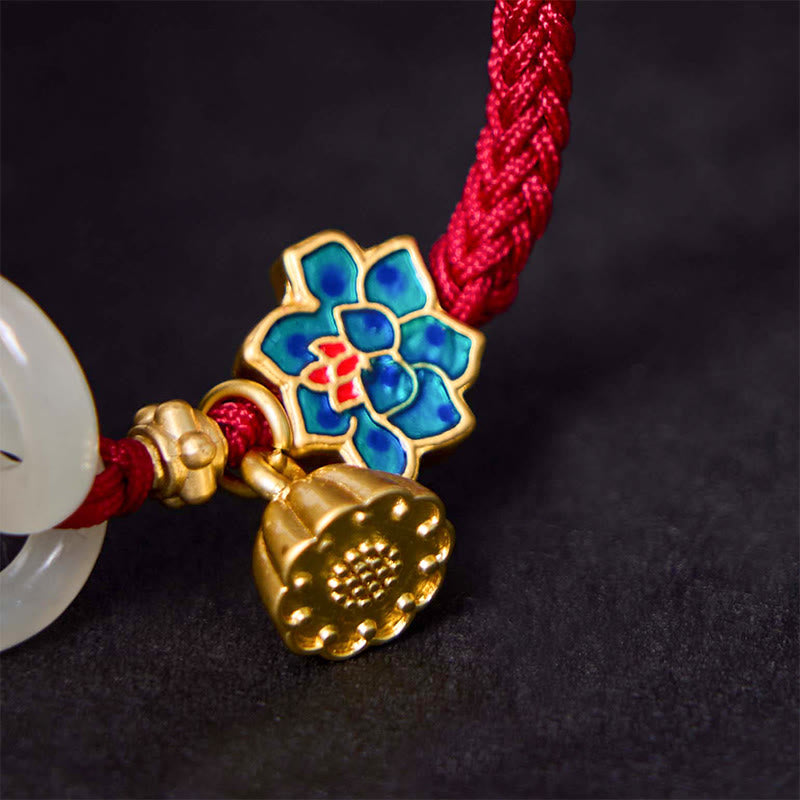 Pulsera de la fortuna con cuerda trenzada y hebilla de paz de loto de jade hetiano y Buddha Stones
