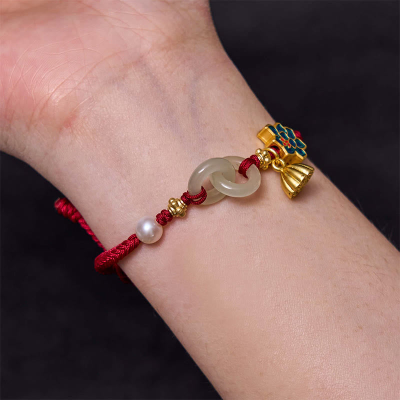 Pulsera de la fortuna con cuerda trenzada y hebilla de paz de loto de jade hetiano y Buddha Stones