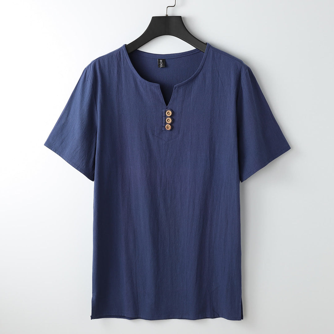 Camiseta de hombre Buddha Stones, color liso, manga corta, cuello en V y tres botones, de algodón suave - Azul medianoche - US/UK/AU54, EU64 (9XL) - image 13