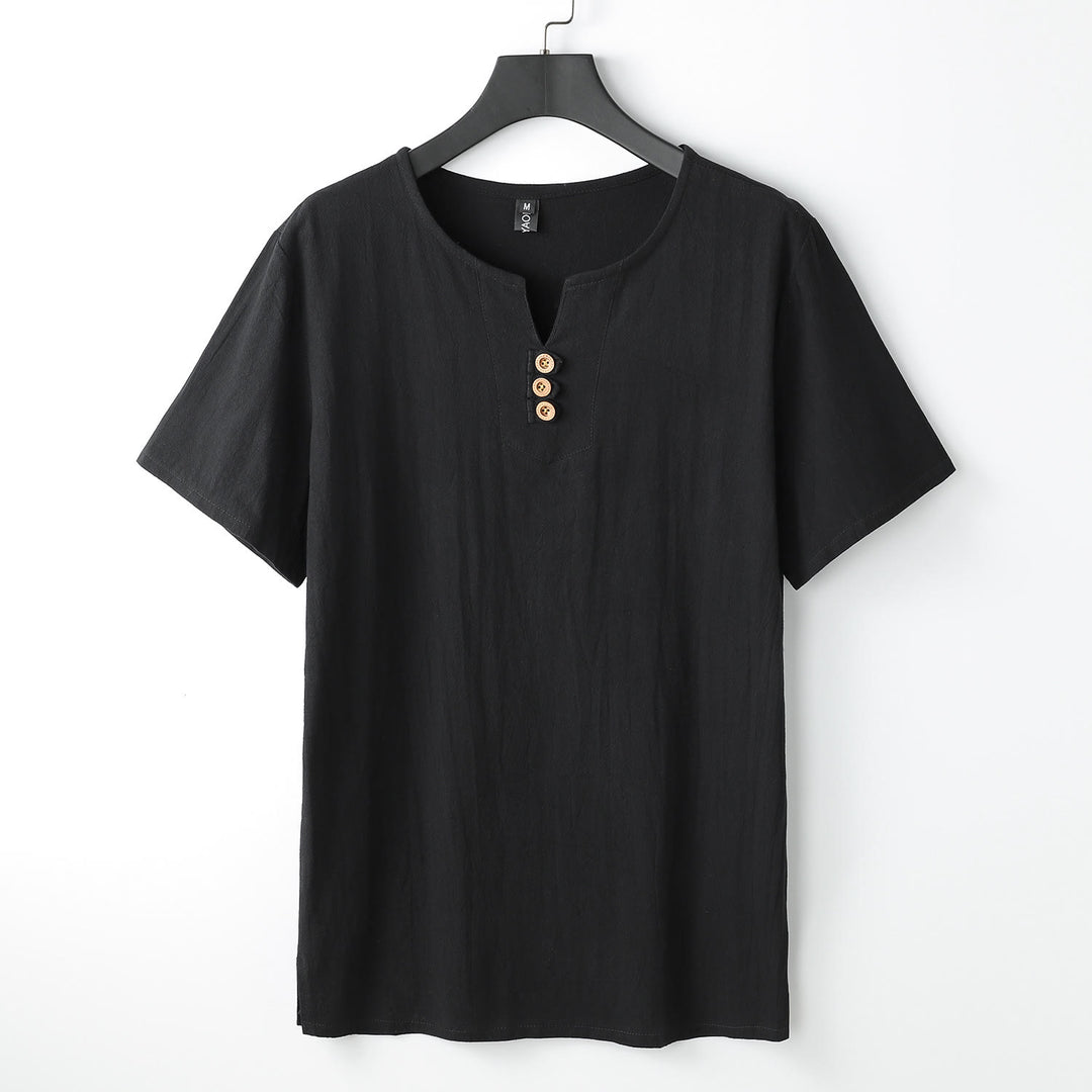 Camiseta de hombre Buddha Stones, color liso, manga corta, cuello en V y tres botones, de algodón suave - Negro - US/UK/AU54, EU64 (9XL) - image 11