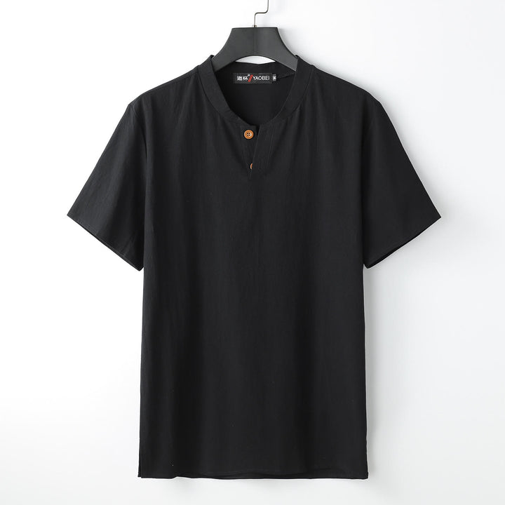 Camiseta holgada de hombre con Buddha Stones, color liso, manga corta, cuello con muescas y botones, suave - Negro - US/UK/AU54, EU64 (9XL) - image 2
