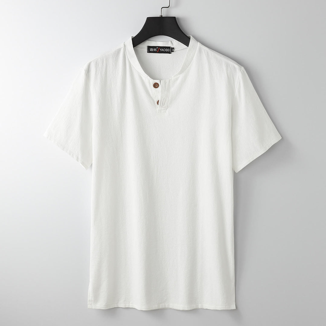 Camiseta holgada de hombre con Buddha Stones, color liso, manga corta, cuello con muescas y botones, camisa de lino y algodón suave - Blanco - US/UK/AU54, EU64 (9XL) - image 0