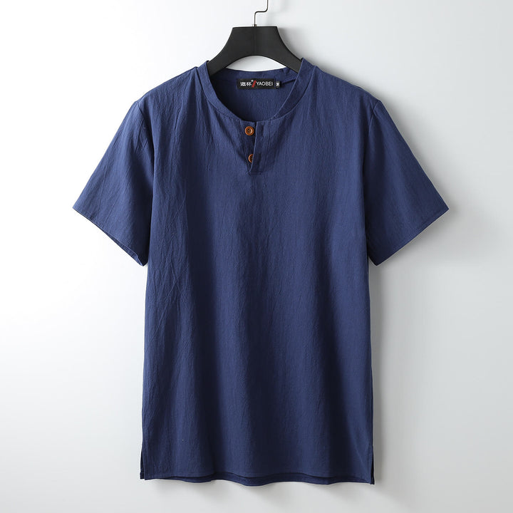 Camiseta holgada de hombre con Buddha Stones, color liso, manga corta, cuello con muescas y botones, suave - Azul medianoche - US/UK/AU54, EU64 (9XL) - image 3