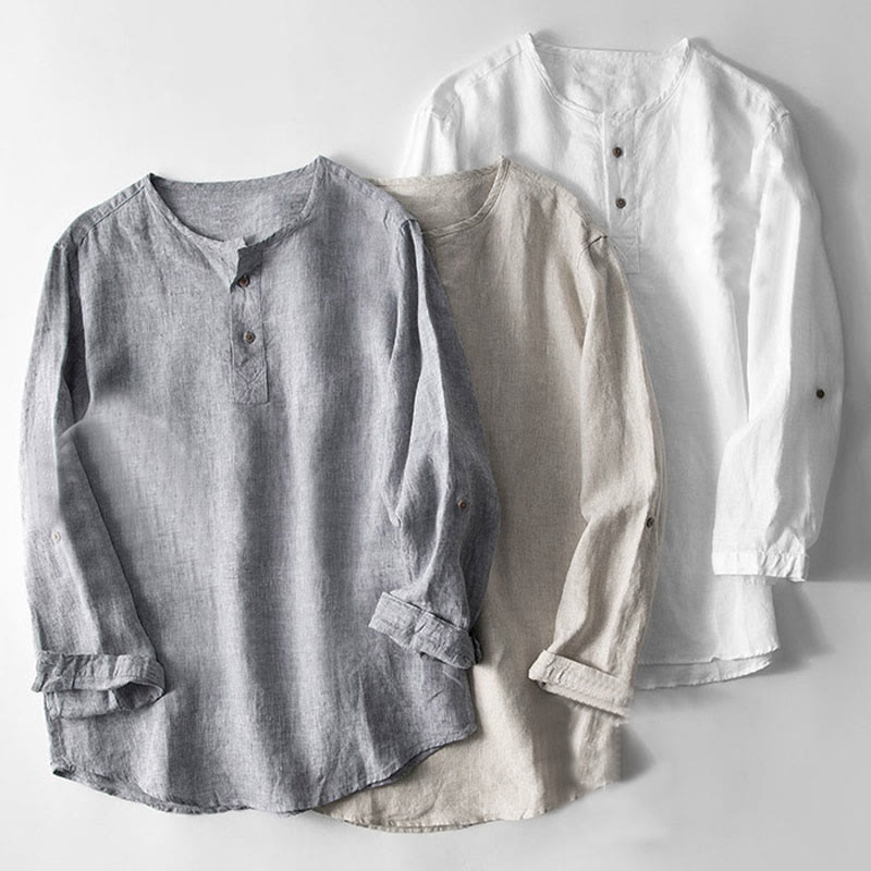 Camisa de lino de manga larga con botones y Buddha Stones en color liso para hombre - image 3