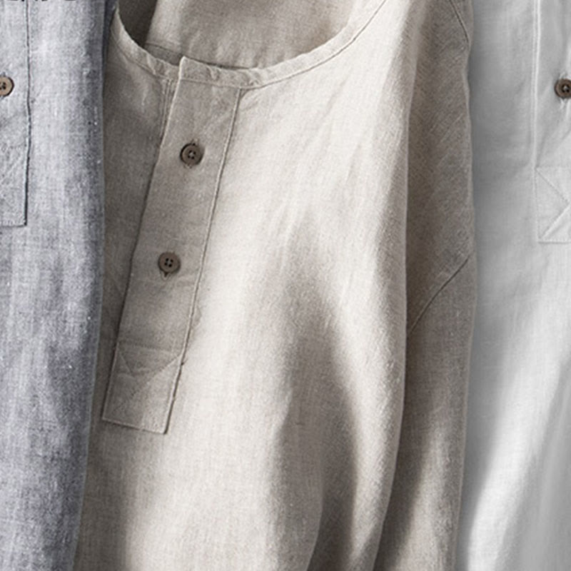 Camisa de lino de manga larga con botones y Buddha Stones en color liso para hombre - image 14