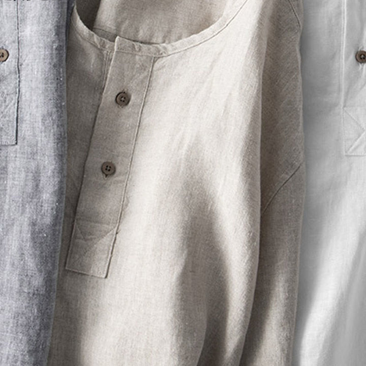 Camisa de lino de manga larga con botones y Buddha Stones en color liso para hombre - image 14