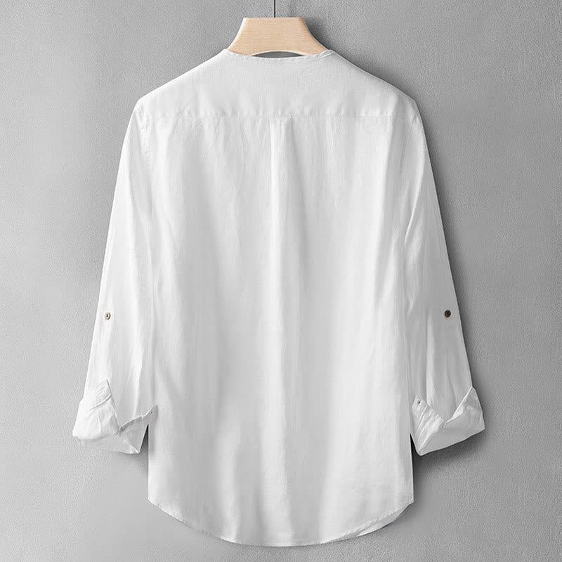 Camisa de lino de manga larga con botones y Buddha Stones en color liso para hombre - image 12