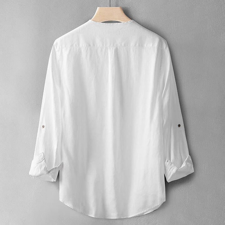 Camisa de lino de manga larga con botones y Buddha Stones en color liso para hombre - image 12