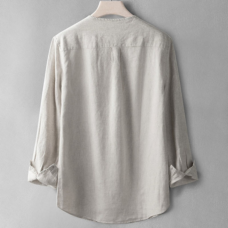 Camisa de lino de manga larga con botones y Buddha Stones en color liso para hombre - image 11