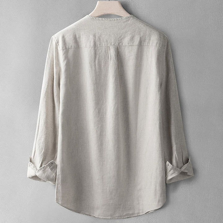 Camisa de lino de manga larga con botones y Buddha Stones en color liso para hombre - image 11