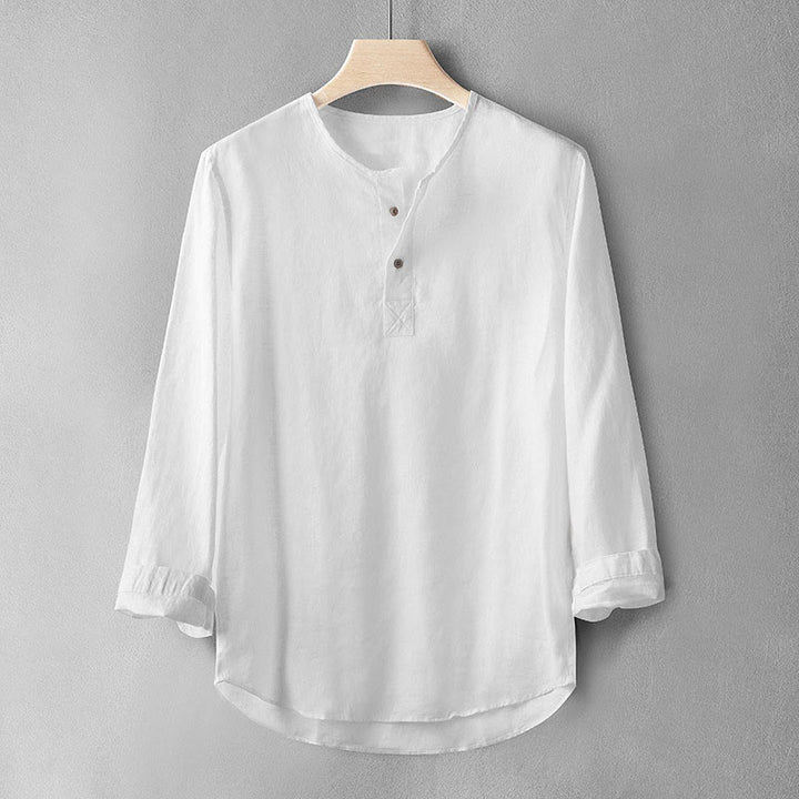 Camisa de lino de manga larga con botones y Buddha Stones en color liso para hombre - Blanco - US/UK/AU42, EU52 (3XL) - image 1