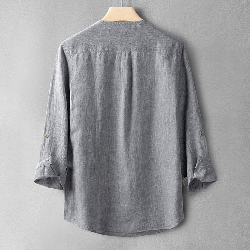 Camisa de lino de manga larga con botones y Buddha Stones en color liso para hombre - image 13