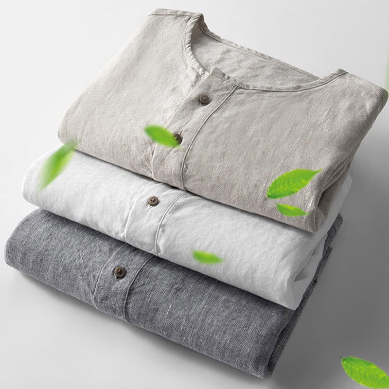 Camisa de lino de manga larga con botones y Buddha Stones en color liso para hombre - image 4