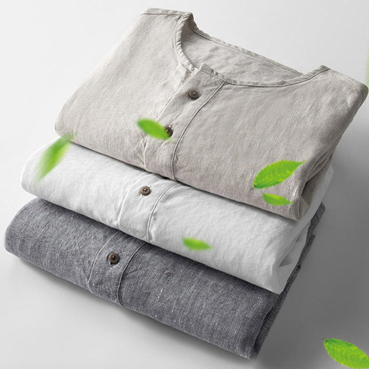 Camisa de lino de manga larga con botones y Buddha Stones en color liso para hombre - image 4