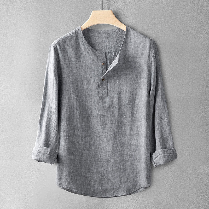 Camisa de lino de manga larga con botones y Buddha Stones en color liso para hombre - Gris oscuro - US/UK/AU42, EU52 (3XL) - image 2