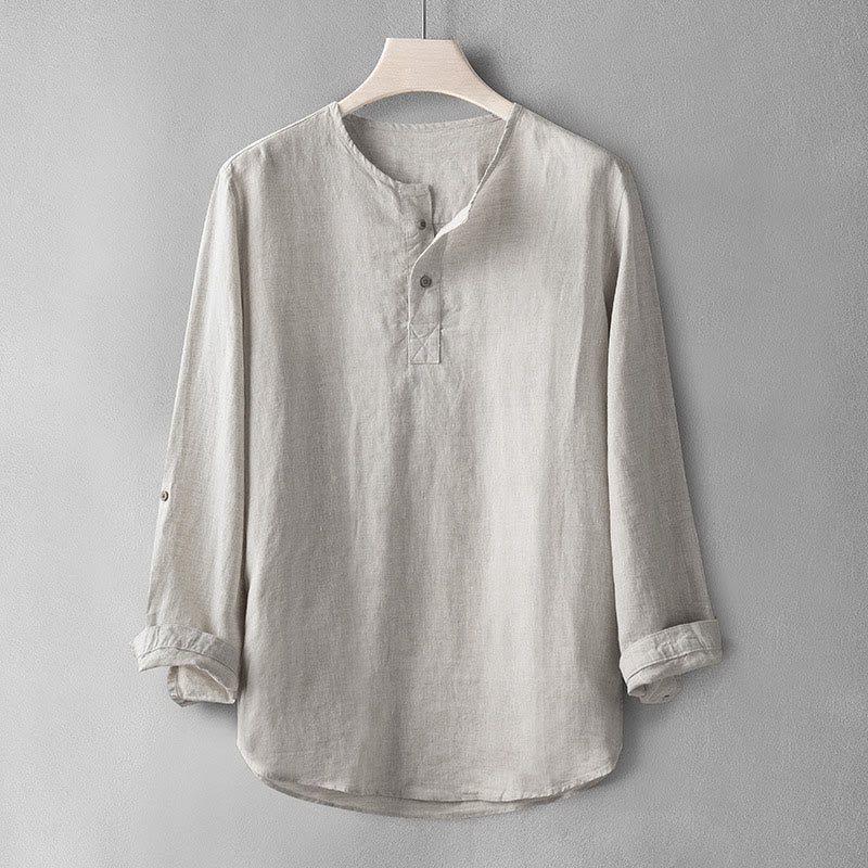 Camisa de lino de manga larga con botones y Buddha Stones en color liso para hombre - Gainsboro - US/UK/AU42, EU52 (3XL) - image 0