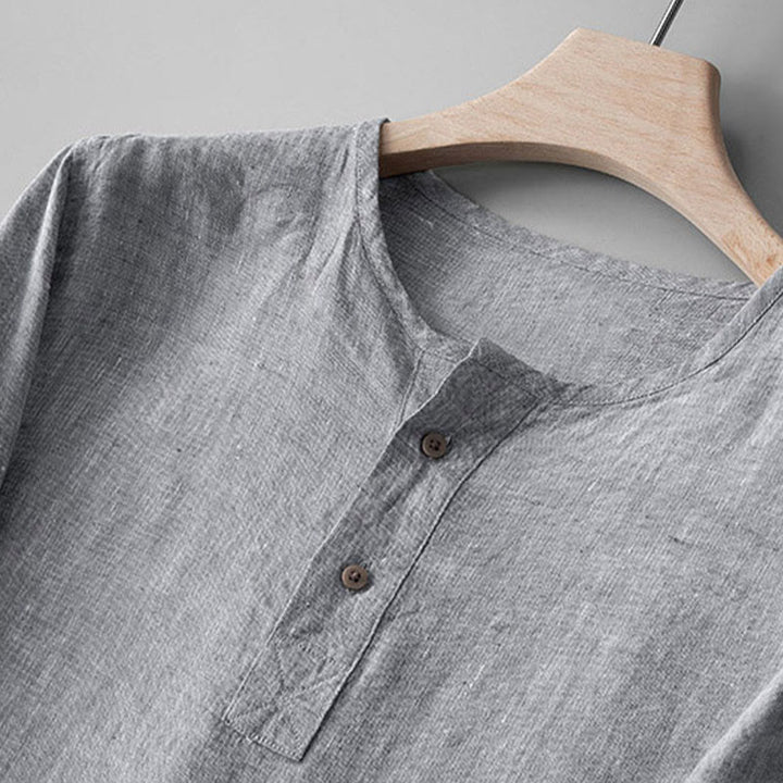 Camisa de lino de manga larga con botones y Buddha Stones en color liso para hombre - image 6