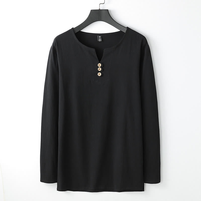Camisa de lino y algodón con botones y manga larga de color liso con Buddha Stones para hombre - Negro - US/UK/AU54, EU64 (9XL) - image 4