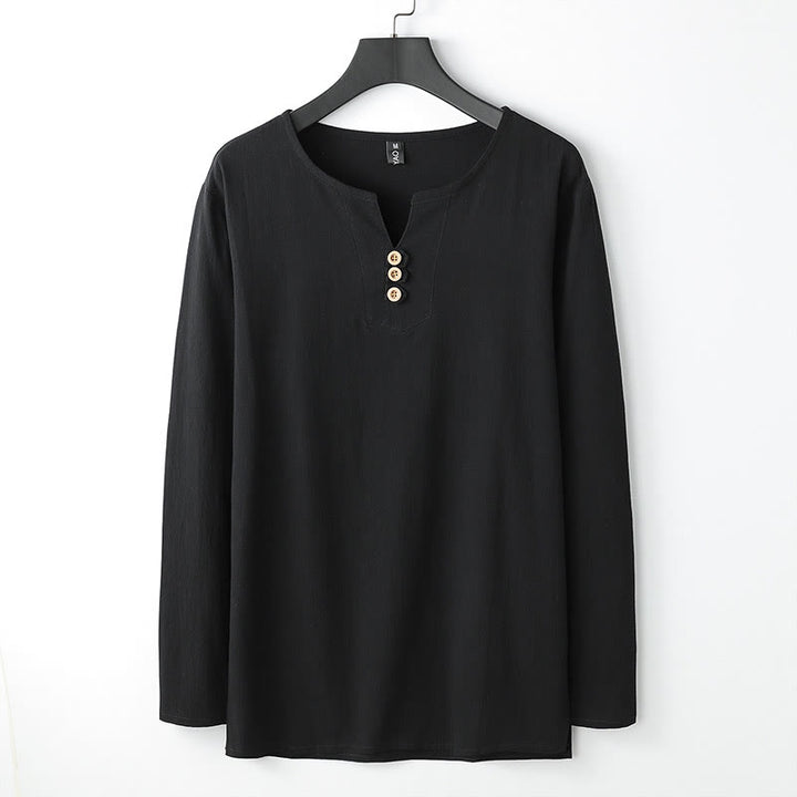 Camisa de lino y algodón con botones y manga larga de color liso con Buddha Stones para hombre - Negro - US/UK/AU54, EU64 (9XL) - image 4