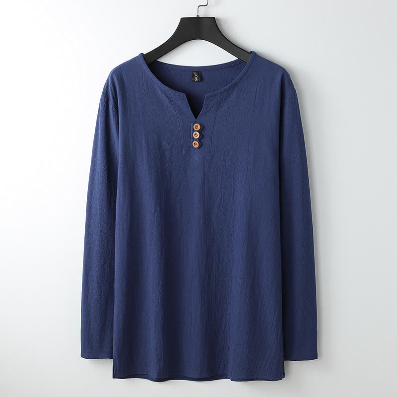 Camisa de lino y algodón con botones y manga larga de color liso con Buddha Stones para hombre - Marina de guerra - US/UK/AU54, EU64 (9XL) - image 1