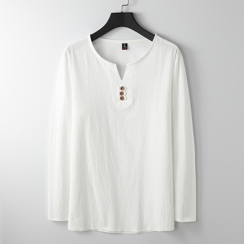 Camisa de lino y algodón con botones y manga larga de color liso con Buddha Stones para hombre - Blanco - US/UK/AU54, EU64 (9XL) - image 2