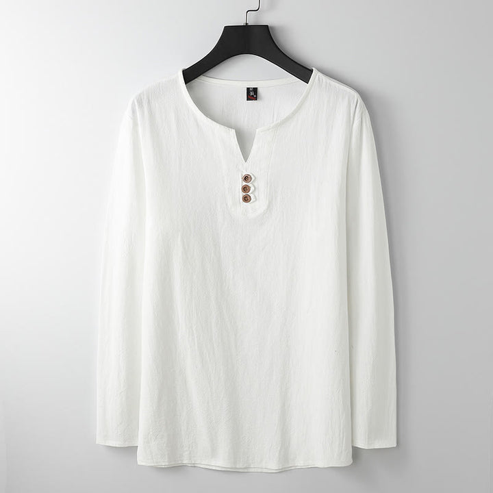 Camisa de lino y algodón con botones y manga larga de color liso con Buddha Stones para hombre - Blanco - US/UK/AU54, EU64 (9XL) - image 2