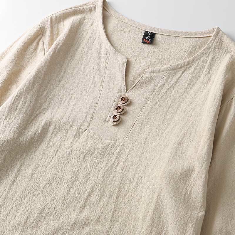 Camisa de lino y algodón con botones y manga larga de color liso con Buddha Stones para hombre - image 6