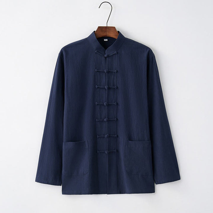 Camisa de manga larga con Buddha Stones Tang, ropa de algodón para hombre - Azul medianoche - US/UK/AU44, EU54 (4XL) - image 4