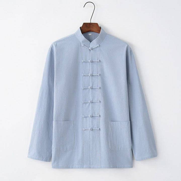 Camisa de manga larga con Buddha Stones Tang, ropa de algodón para hombre - Azul cielo claro - US/UK/AU44, EU54 (4XL) - image 6