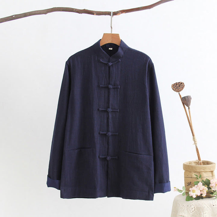 Camisa de manga larga con Buddha Stones Tang, de algodón y lino, para hombre - Azul medianoche - US/UK/AU44, EU54 (4XL) - image 4