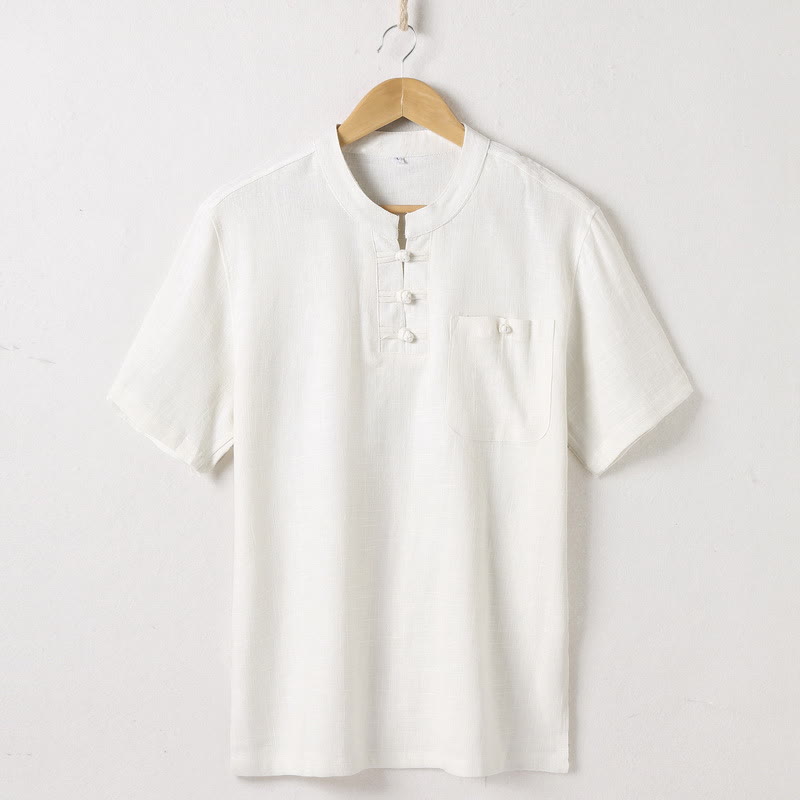 Camisa holgada de hombre con Buddha Stones , color liso, cuello con muescas, manga corta, cómoda, con botones, transpirable, de algodón y lino - Beige - US/UK/AU46, EU56 (5XL)  - image 1