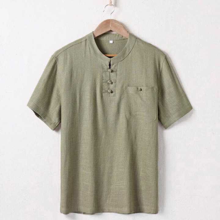 Camisa holgada de hombre con Buddha Stones , color liso, cuello con muescas, manga corta, cómoda, con botones, transpirable, de algodón y lino - Aceituna - US/UK/AU46, EU56 (5XL)  - image 1
