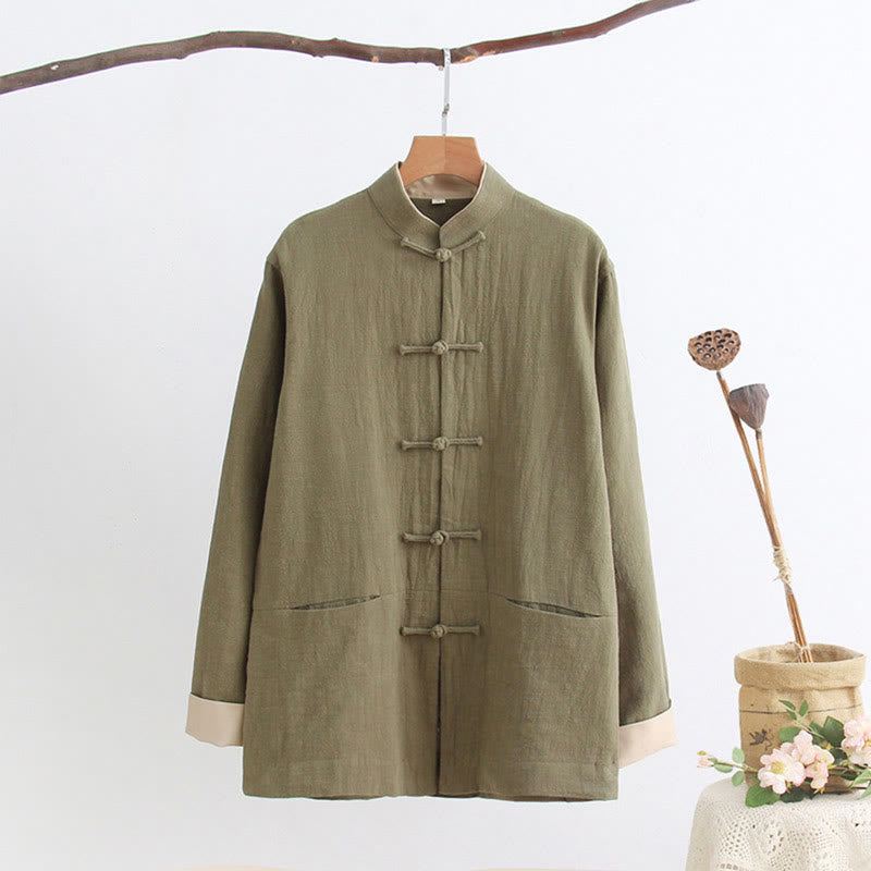 Camisa de manga larga con Buddha Stones Tang, de algodón y lino, para hombre - Caqui oscuro - US/UK/AU44, EU54 (4XL) - image 1