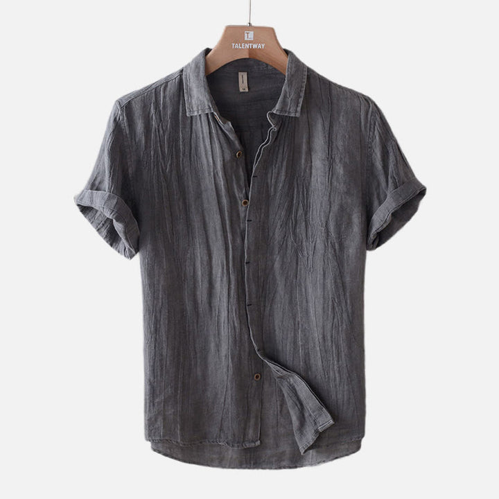 Camisa de lino y algodón con solapa y botones de manga corta para hombre con Buddha Stones - Gris - US/UK/AU50, UE60 (5XL) - image 6