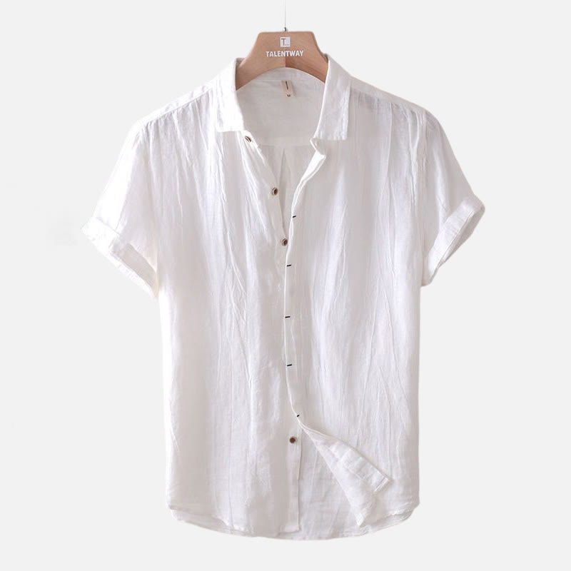 Camisa de lino y algodón con solapa y botones de manga corta para hombre con Buddha Stones - Blanco - US/UK/AU50, UE60 (5XL) - image 9