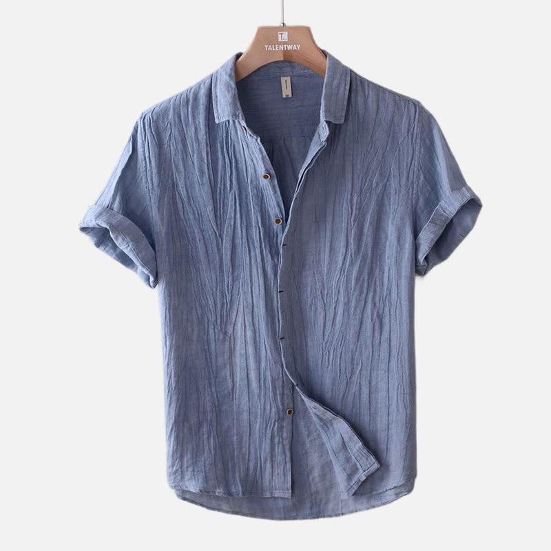 Camisa de lino y algodón con solapa y botones de manga corta para hombre con Buddha Stones - Azul aciano - US/UK/AU50, UE60 (5XL) - image 1