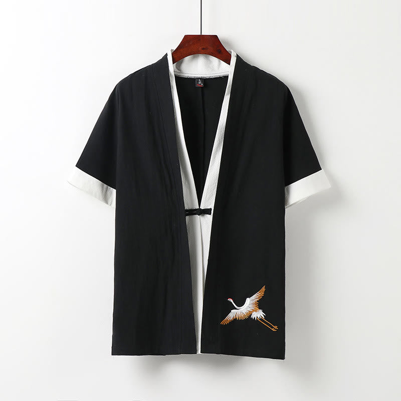 Camisa cómoda de algodón Hanfu con bordado de Buddha Stones de dos piezas para hombre, de media manga y falso cárdigan - Negro - US/UK/AU54, EU64 (9XL) - image 1