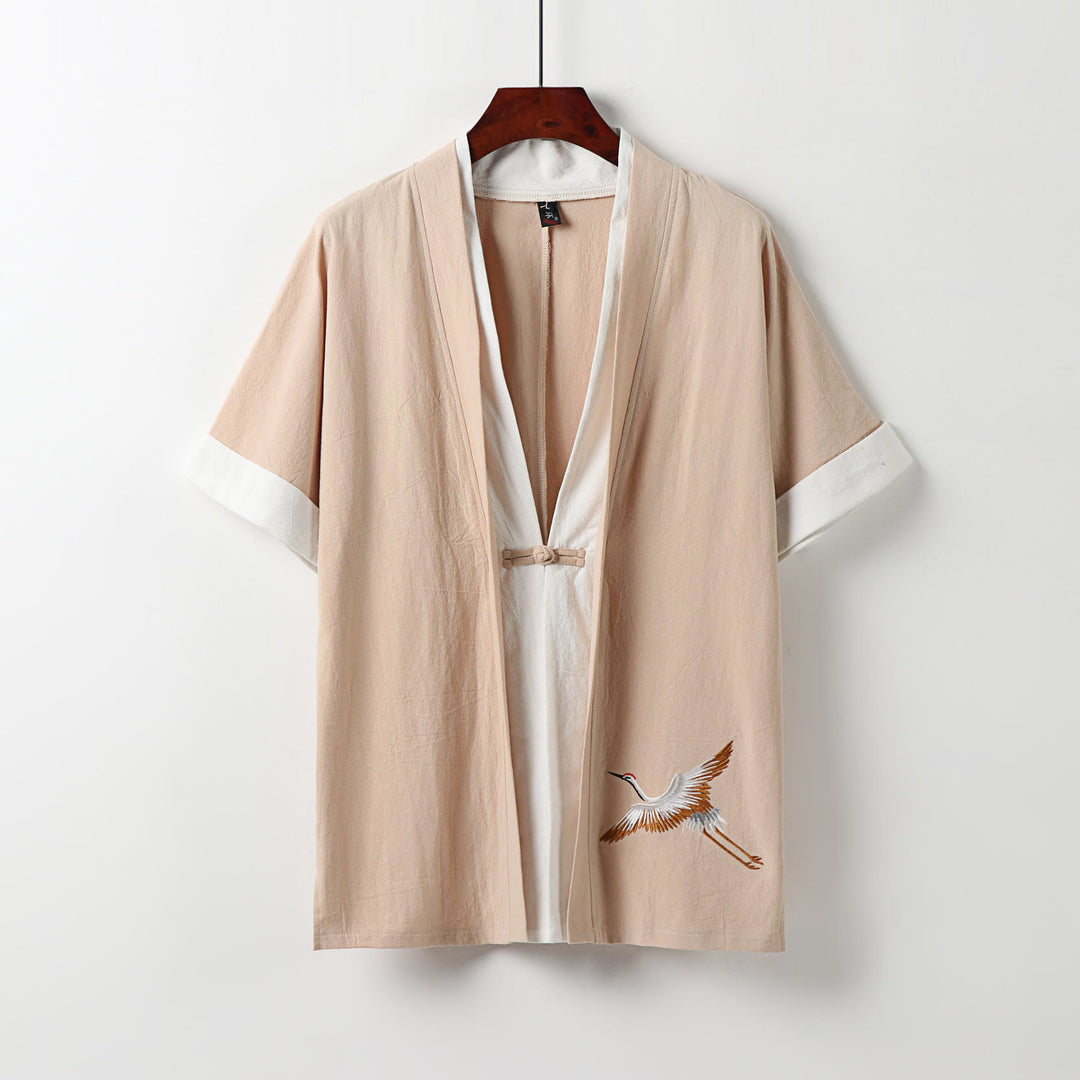 Camisa cómoda de algodón Hanfu con bordado de Buddha Stones de dos piezas para hombre, de media manga y falso cárdigan - PeachPuff - US/UK/AU54, EU64 (9XL) - image 12